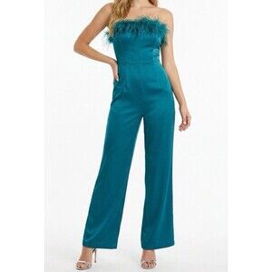 Lovers and Friends Feather Trim Satin Wide Leg Jumpsuit Blue NWOT Size Small